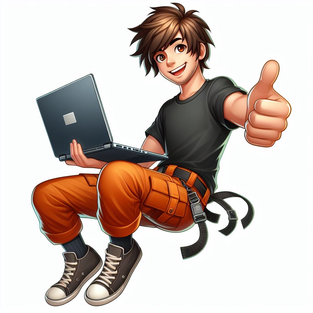 young man wearing orange cargos with laptop, by ai.